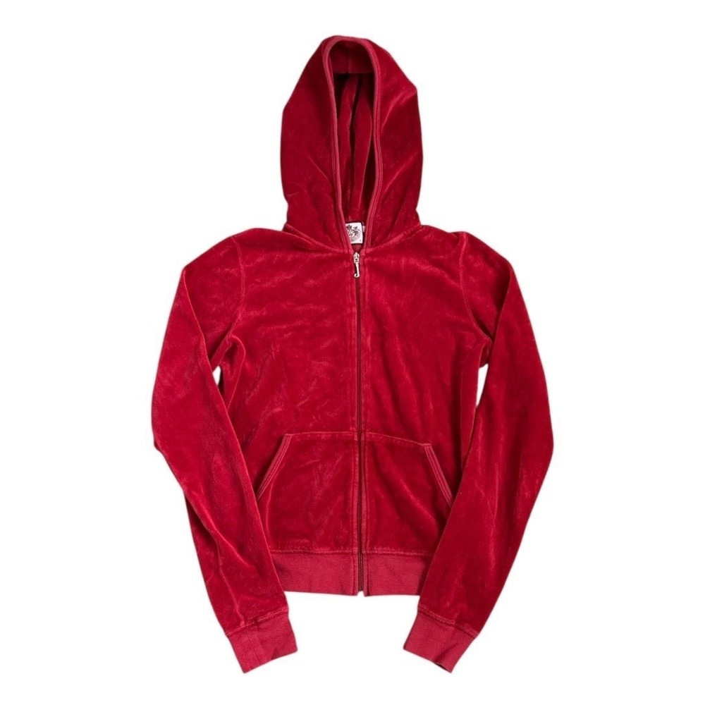 Juicy Couture Red Velour Track Hooded Jacket Size Medium Vintage Y2K